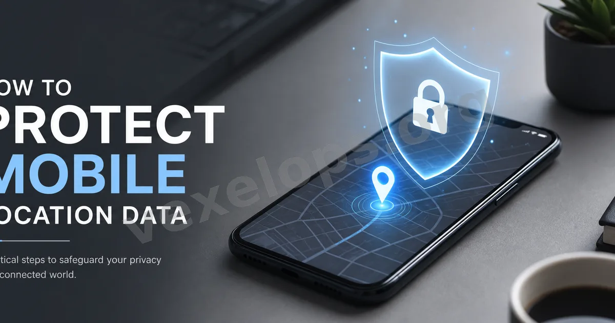 Protecting mobile location data privacy, featuring mobile map interface, location point, privacy shield, and padlock concept.