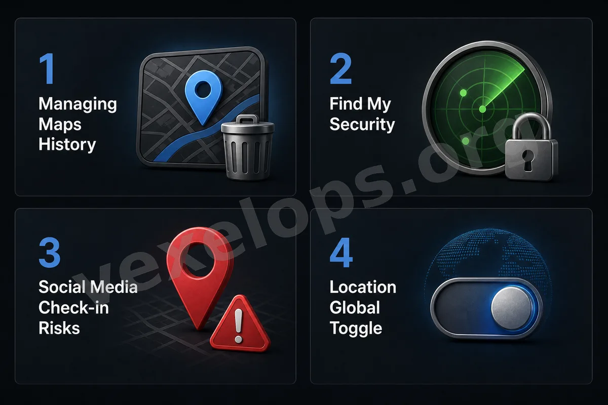 Mobile location data privacy check, including map location history, location sharing, social check-ins, photo location data, and app location permissions.