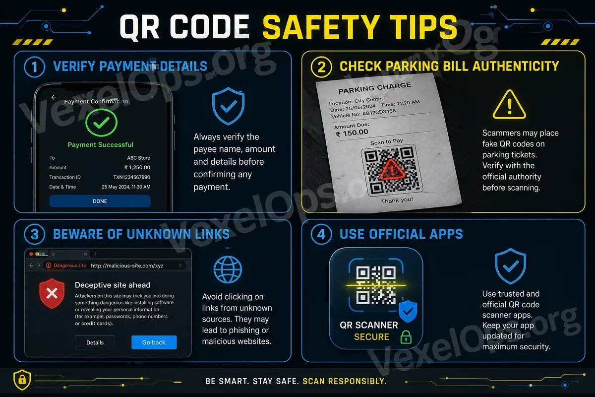 Security checks for QR Code scanning; includes confirming sources, checking URLs, avoiding input of sensitive information, and using official apps.