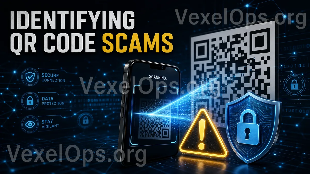 Cover image highlighting the risks of QR Code scams, featuring a phone scanning a QR Code, warning symbols, a lock, and the concept of scanning safety.