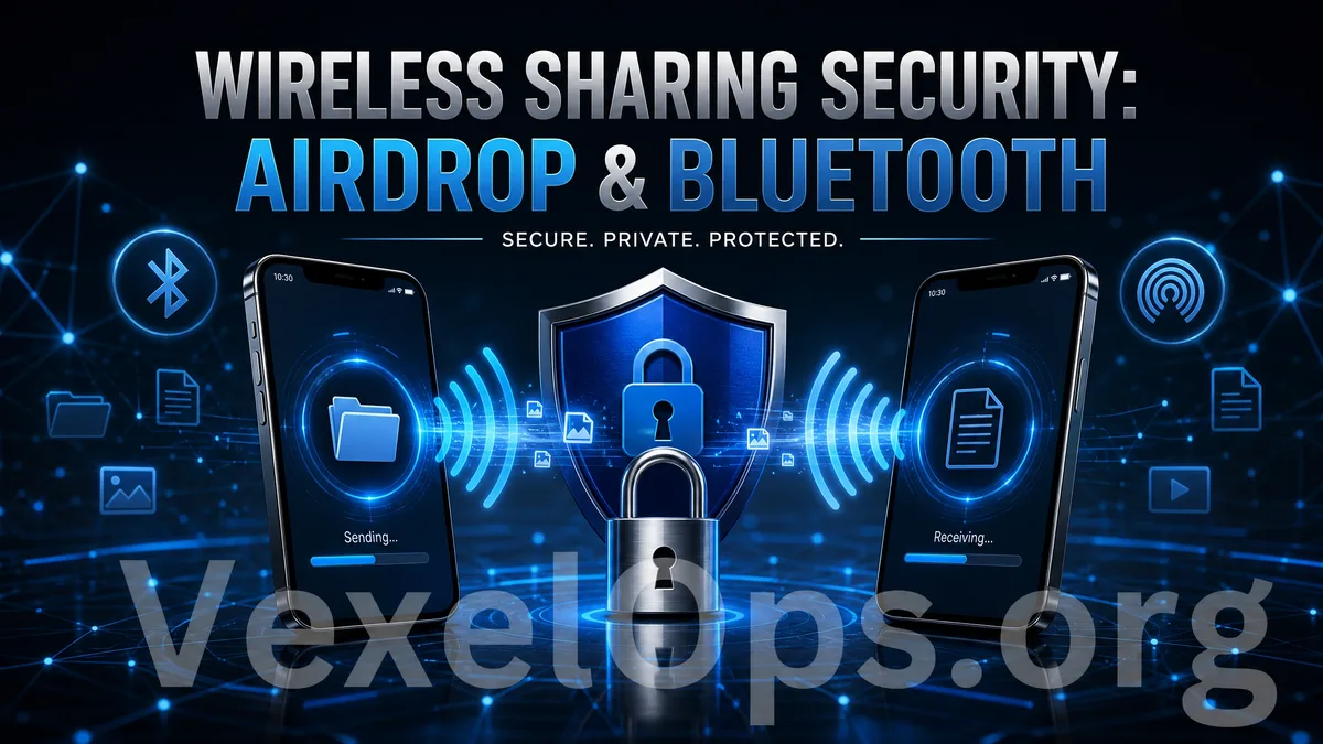Privacy protection cover image for mobile sharing, showcasing file sharing interface, nearby devices, locks, and data protection shield.