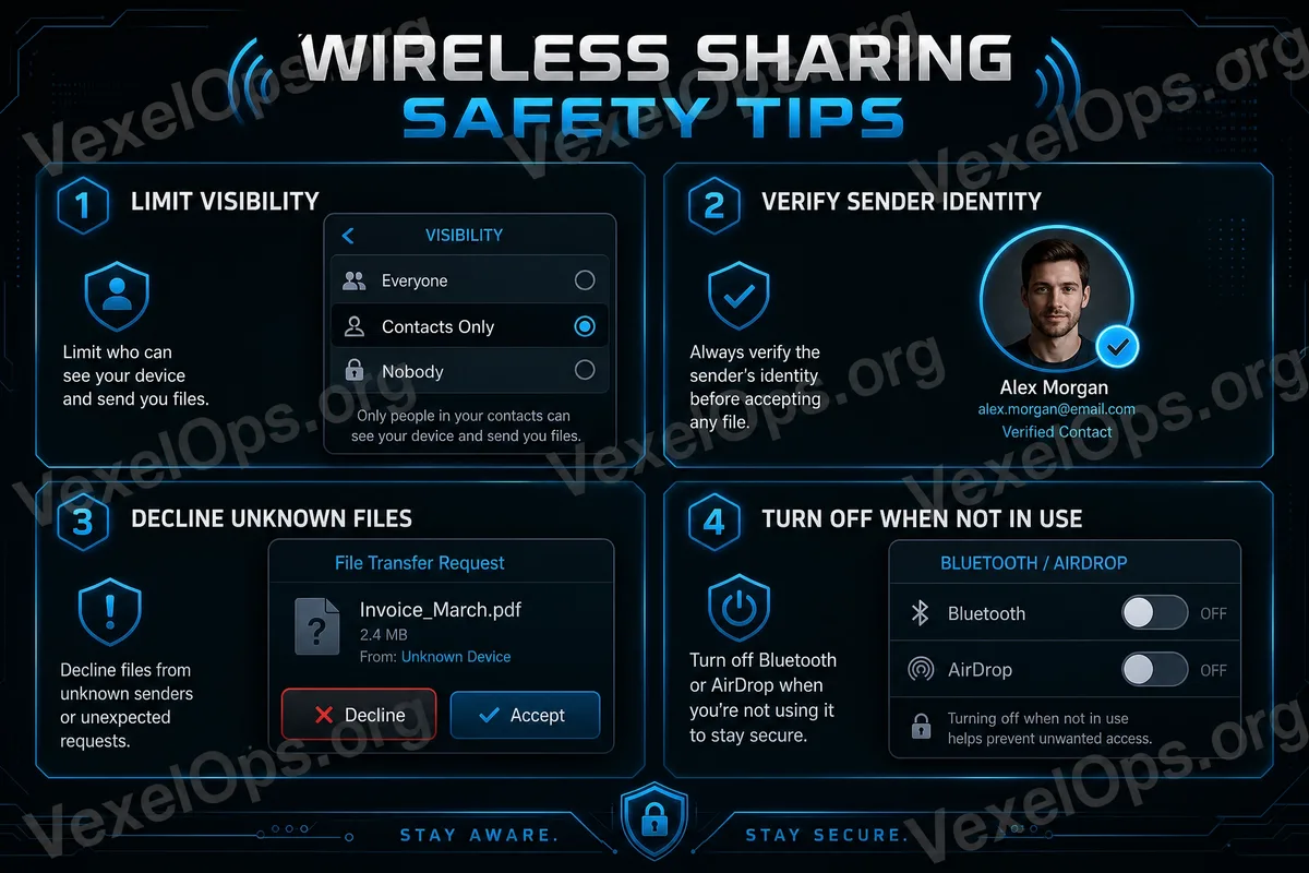 Safety check image for mobile sharing features, including restricting receiving parties, checking device names, rejecting unknown files, verifying photo content, and disabling