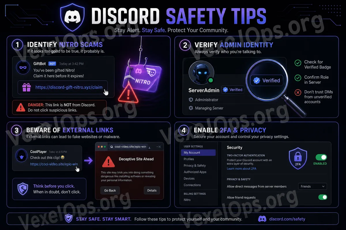 Discord safety check image, highlighting risks of fake Nitro, fake admins, suspicious invites, unknown files, and two-factor authentication.