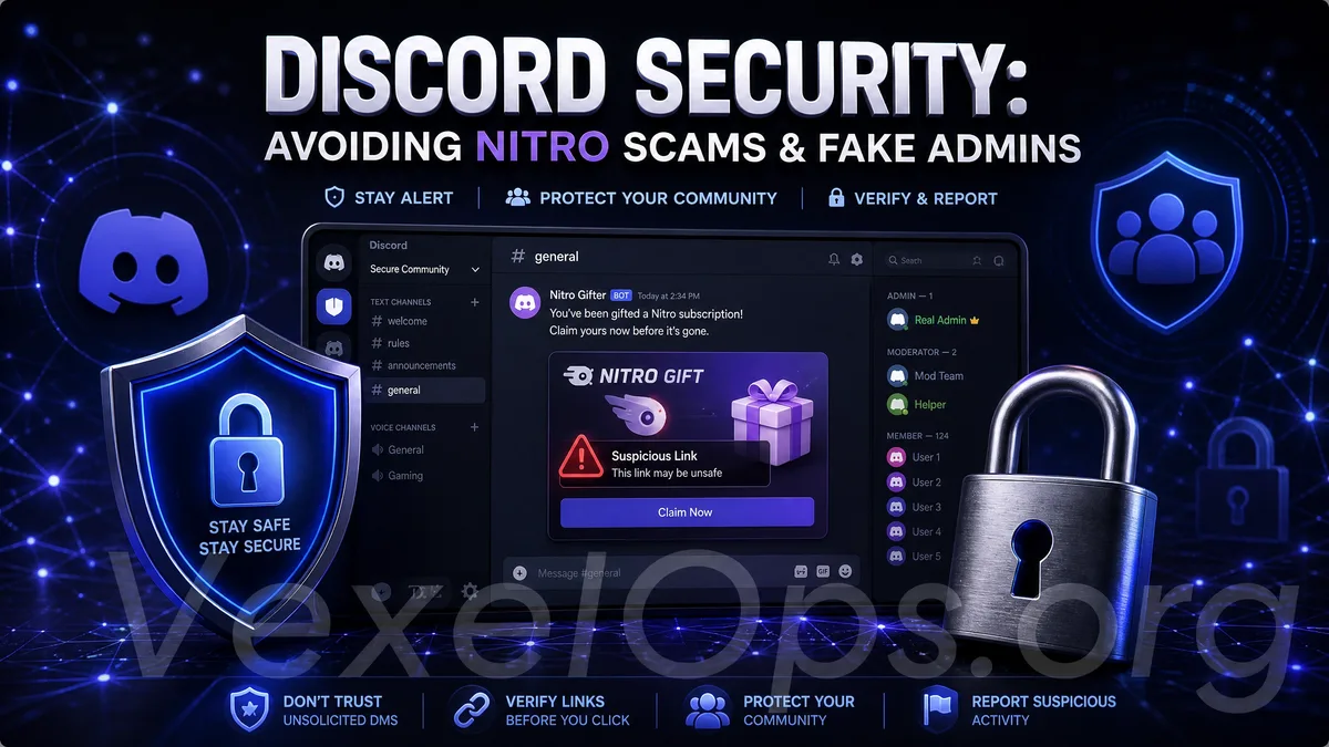 Discord security reminder cover image showcasing chat community interface, gift icon, warning symbol, lock, and account protection concepts.
