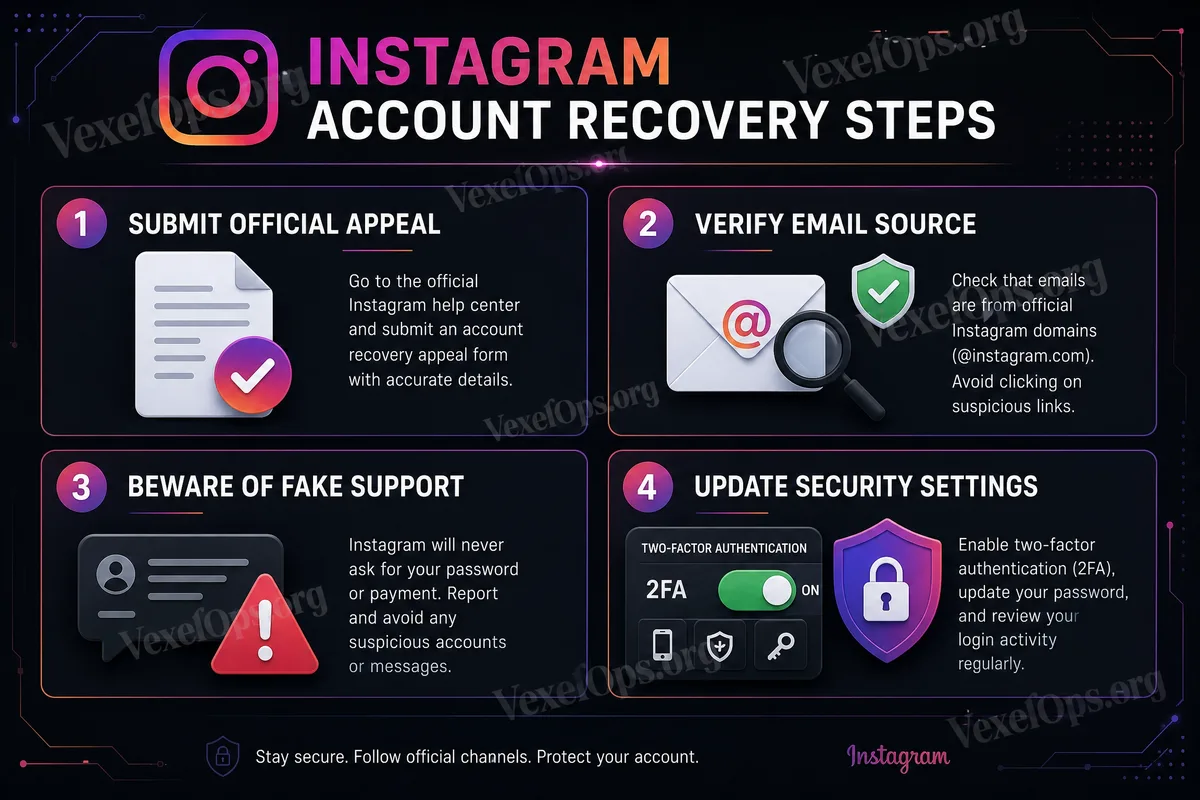 Instagram account recovery flowchart showing problem type assessment, email and phone confirmation, official appeal, avoiding fake unfreeze services, and post-recovery security