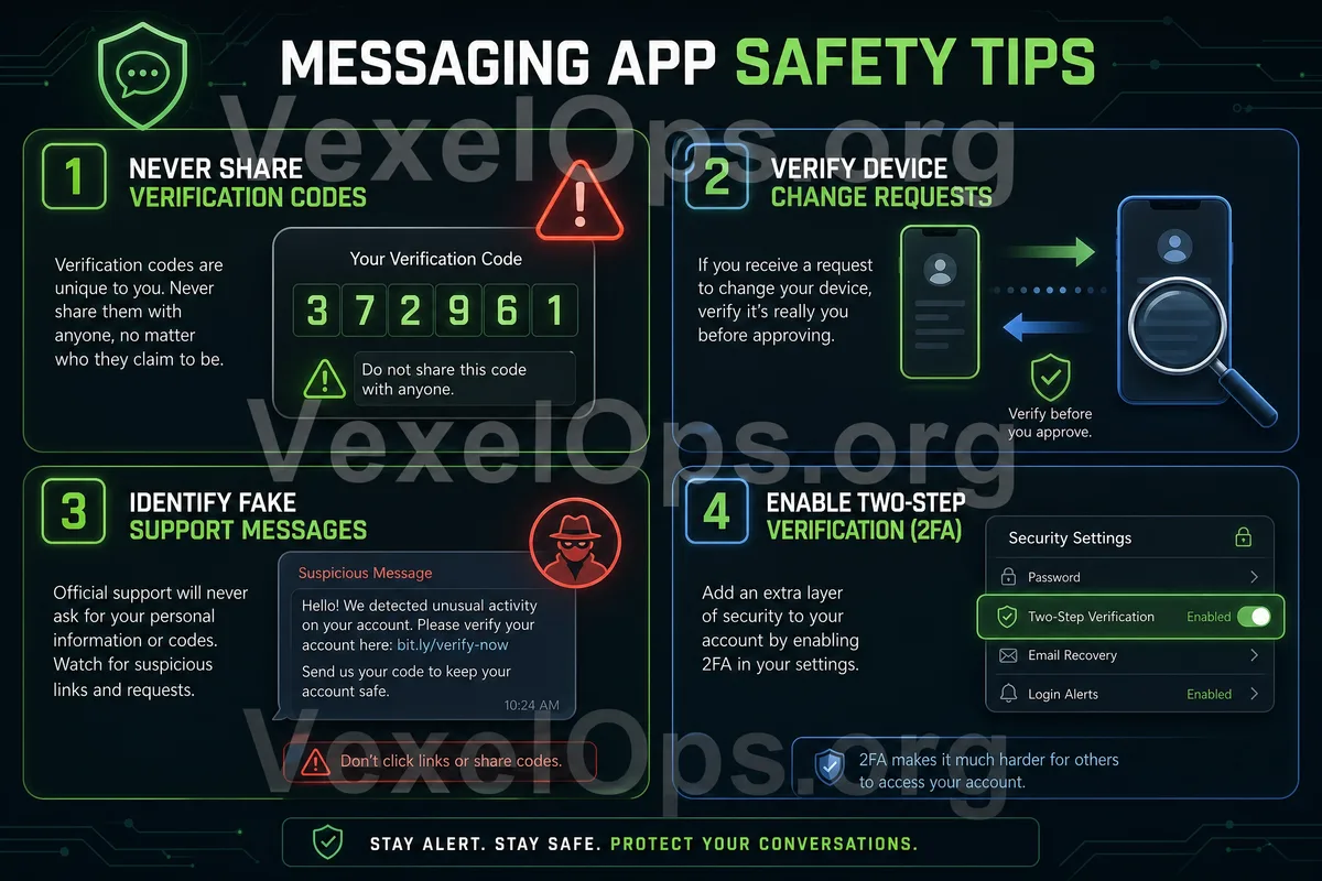 Visual representation of messaging app security checks, including verification code protection, checking account recovery prior to changing phones, fake customer service risks,