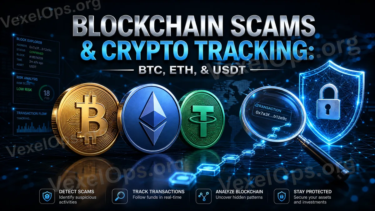 Cover image for blockchain fraud and cryptocurrency tracking, featuring wallet addresses, transaction nodes, warning symbols, and on-chain fund flow.