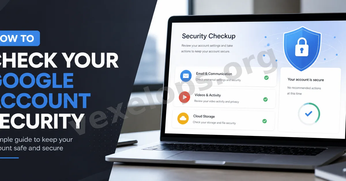 Google account security cover image showing core account nodes connecting email, videos, cloud documents, photo backups, and a padlock shield.