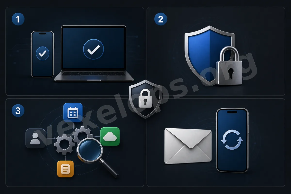 Google account security check illustration, including unique password, two-step verification, login devices, third-party permissions, and recovery information.