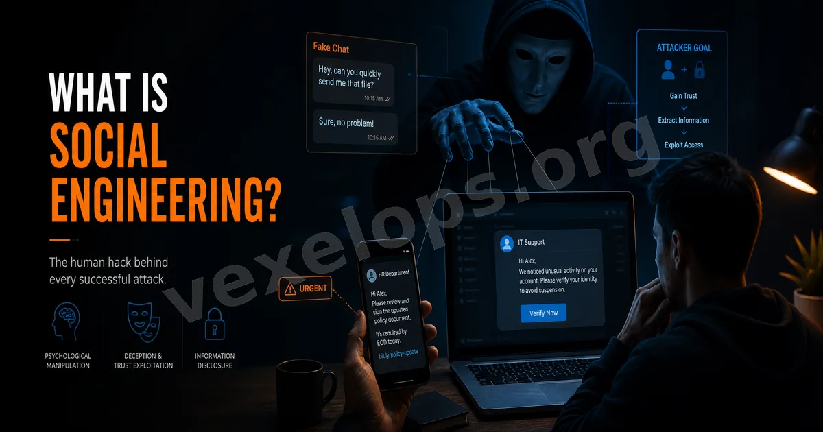 Cover image about social engineering and fake customer service risks, showing suspicious messages, phishing links, human silhouettes, and account protection shields.