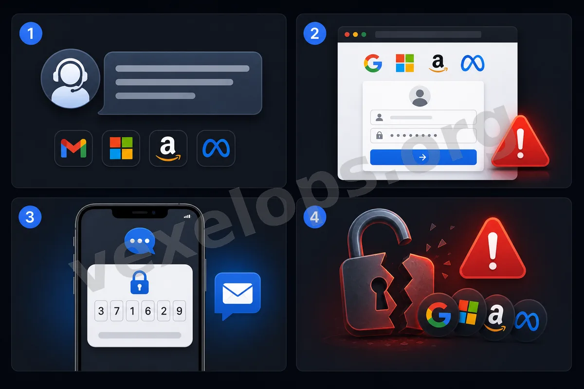 Illustration of social engineering risks, including fake customer service messages, phishing login pages, verification code requests, and account theft risks.