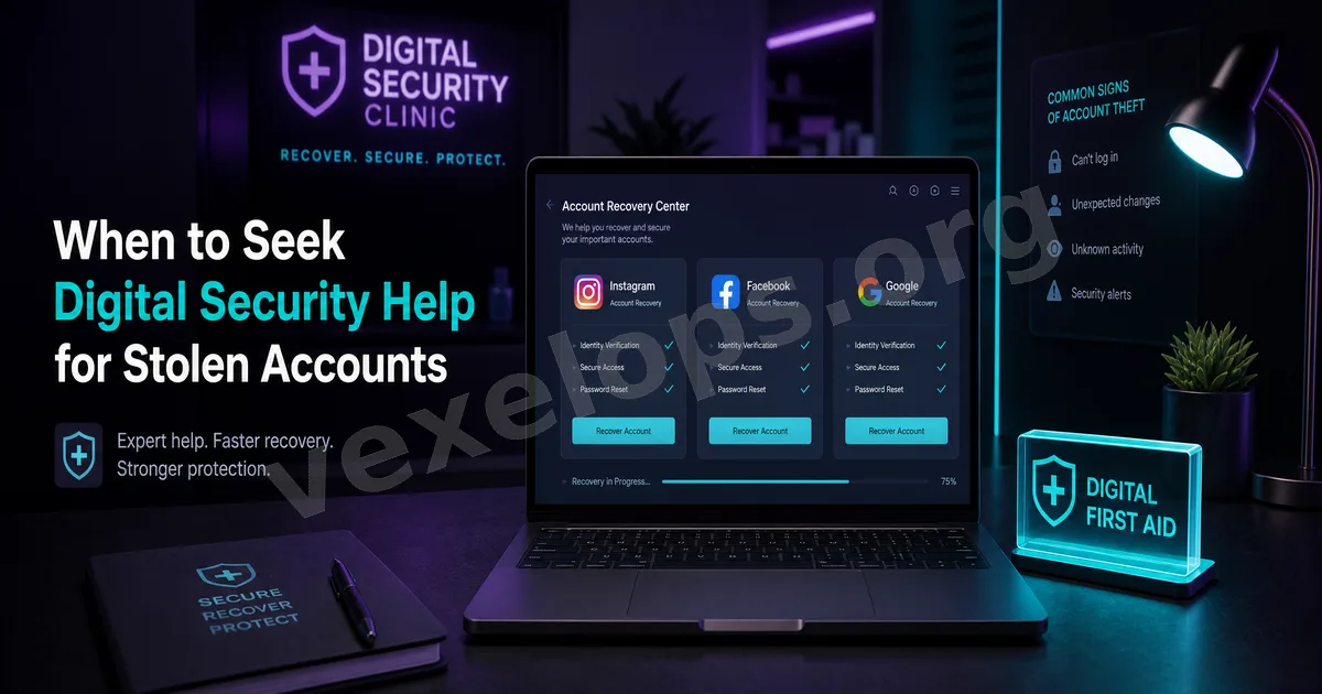 Cover image for seeking VexelOps digital security assistance after an account hack, showing abnormal account alerts, service process, padlock shield, and recovery arrow.