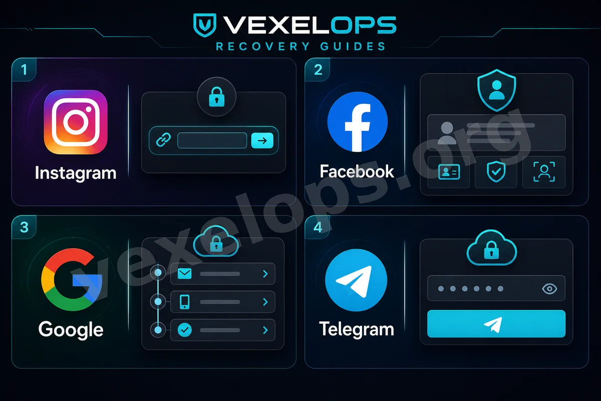 VexelOps.net account hacking service assistance process diagram, including account abnormalities, sorting clues, submitting requests, risk assessment, and subsequent service