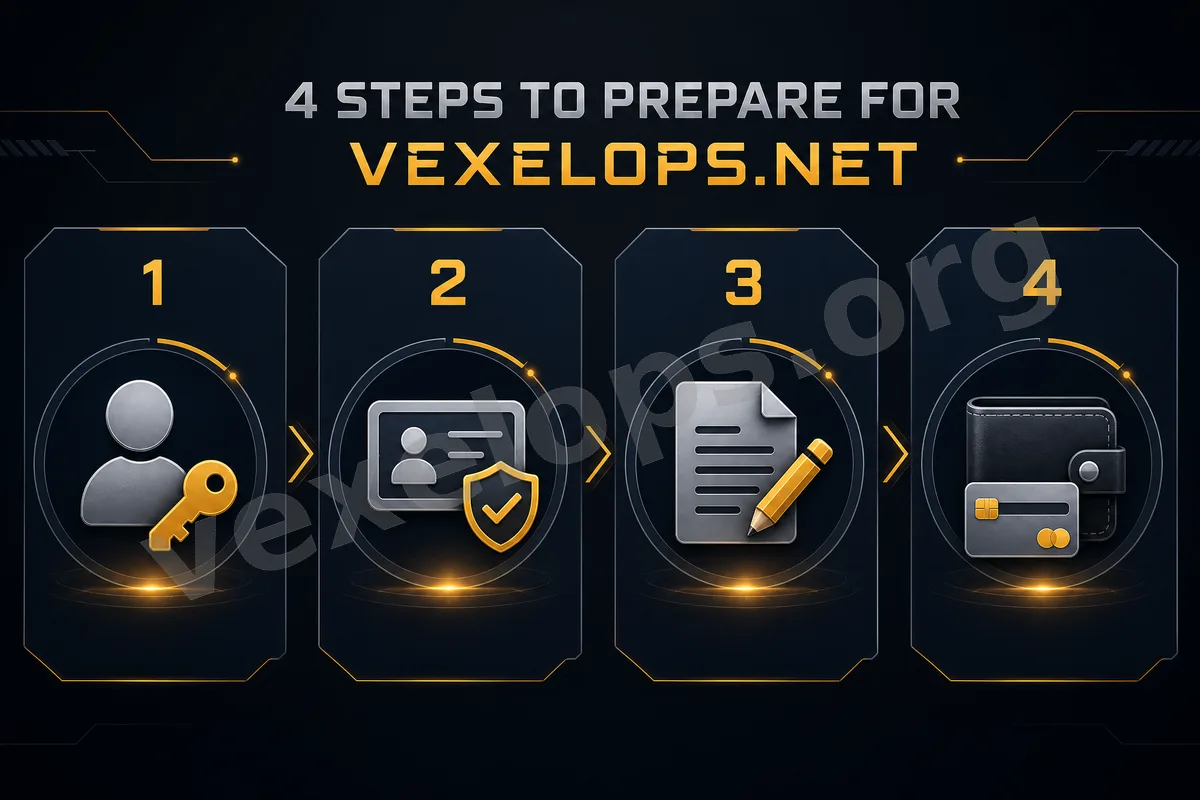 VexelOps.net Commission Data Preparation Chart, including platform name, account status, event timeline, screenshot evidence, and transaction records.