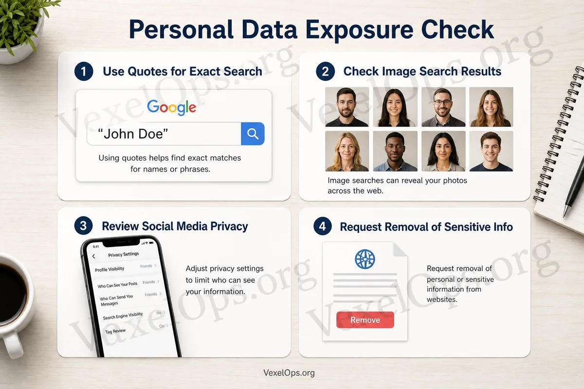 Flowchart for checking personal online footprints, illustrating search results, public data on social platforms, and privacy protection methods.