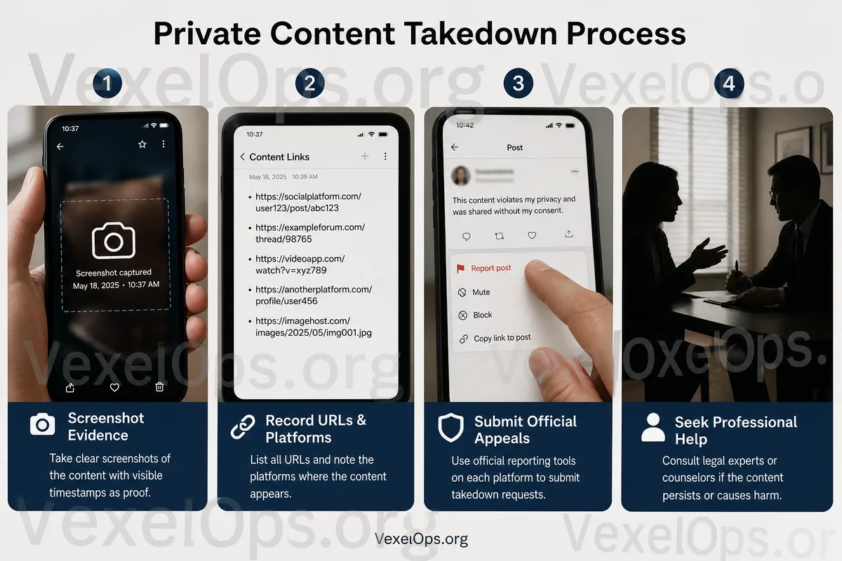 Flowchart for filing a complaint regarding leaked private images, showcasing ways to save basic information, submit complaints to platforms, remove search results, and organize
