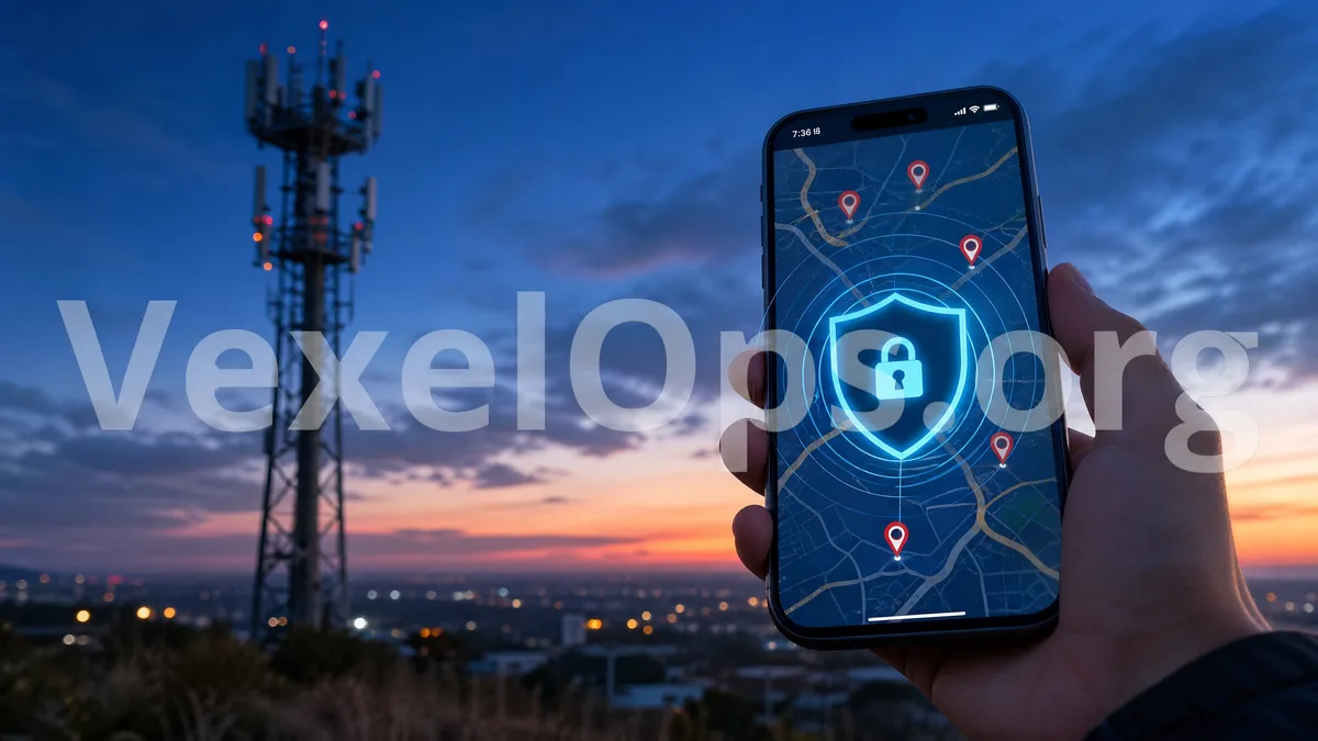 Mobile GPS location and location privacy protection diagram, reminding users to check app permissions and real-time location sharing risks.