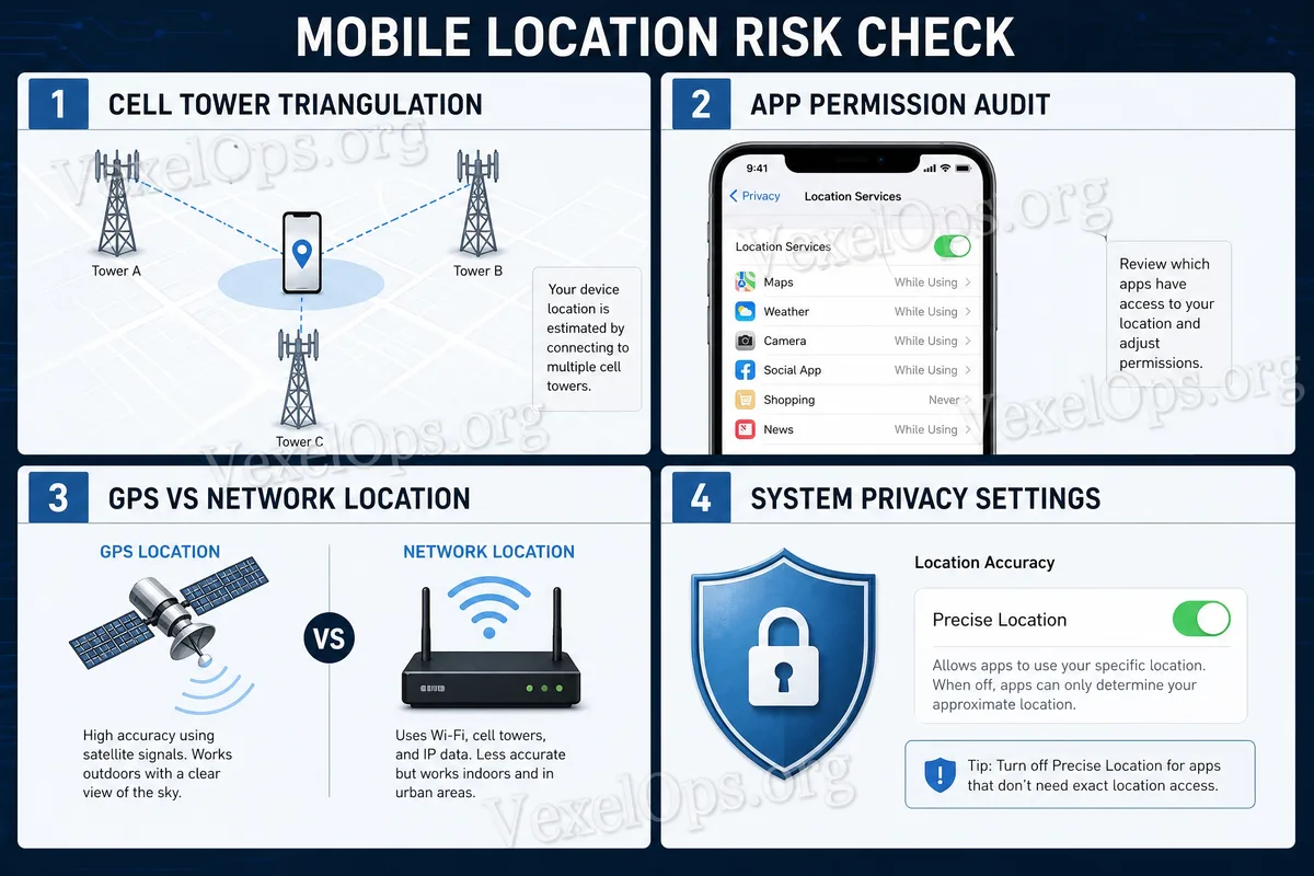 Mobile location safety check flowchart showing GPS permissions, app location, real-time location sharing, and unknown device login risks.