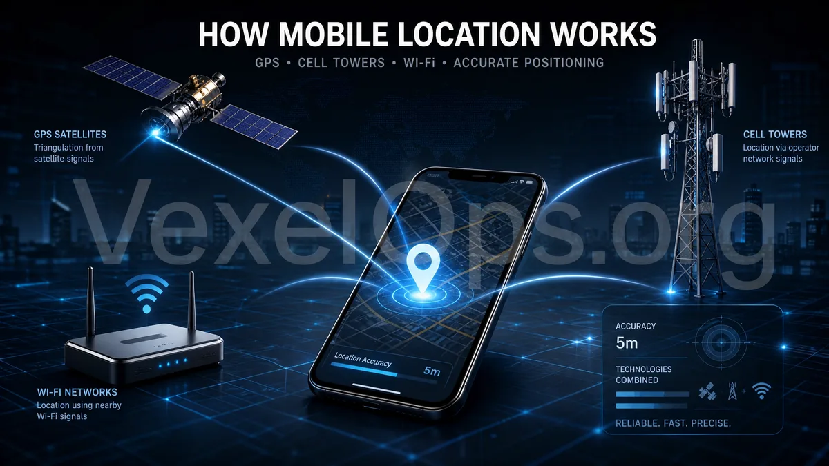 An infographic explaining mobile location technologies, demonstrating how GPS, base stations, Wi-Fi, and mobile apps work together.