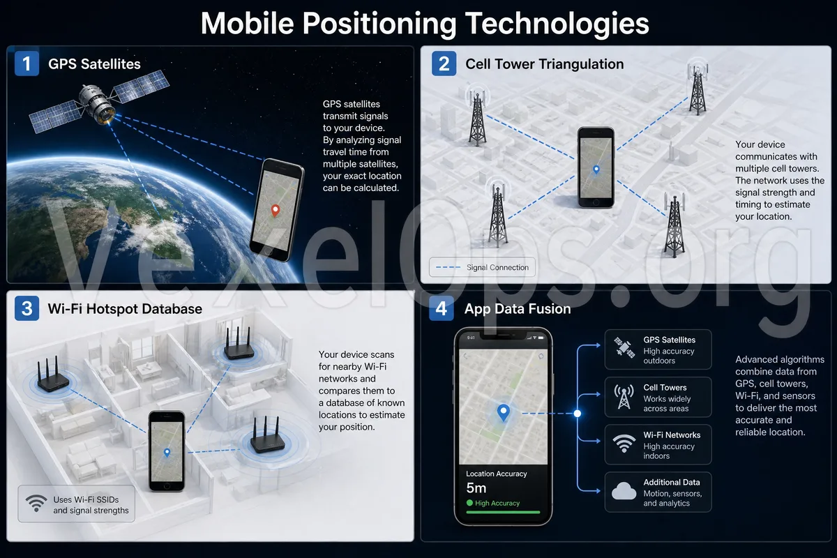 A flowchart illustrating mobile location processes, explaining the relationship between GPS, base stations, Wi-Fi, system location services, and app permissions.