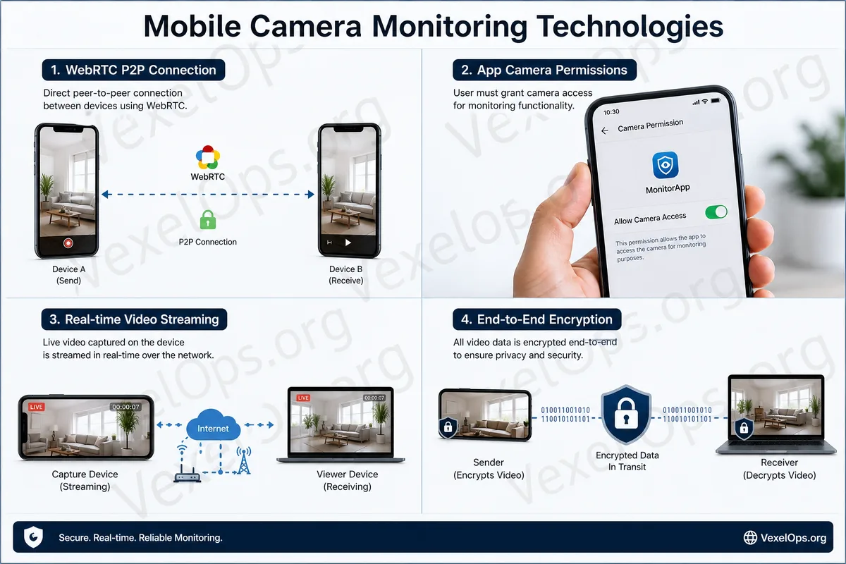 Flowchart explaining the remote video process through mobile cameras, illustrating the relationship between camera permissions, video capture, WebRTC connections, and encrypted