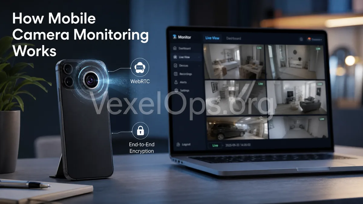 Illustration of mobile camera remote video technology, demonstrating app permissions, encrypted streaming and the legitimate process of remote viewing.