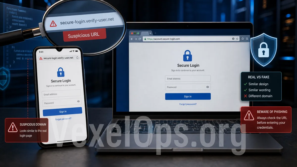 Phishing sites and fake login page cybersecurity illustration, reminding users to check suspicious links, username, password, and verification code risks.