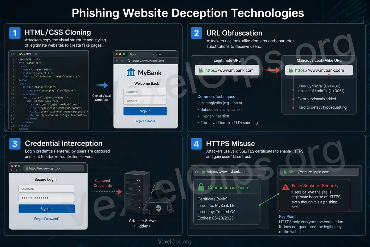 Flowchart of fake login page induction process, showcasing suspicious messages, counterfeit login pages, password input, verification code requests, and account security risks.