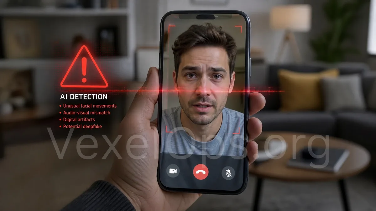 Diagram illustrating the risks of AI voice scams and deepfake videos, reminding users to confirm identities when faced with suspicious audio, video, or urgent transfer requests.