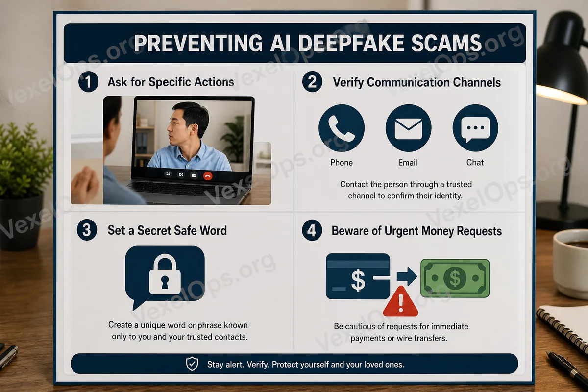 AI voice and deepfake scam safety checklist diagram, displaying secondary confirmation, verification code protection, transfer warnings, and event timeline organization methods.