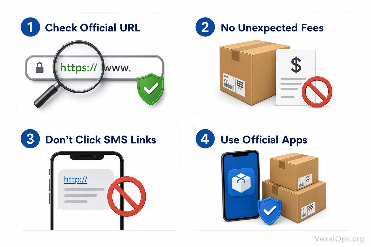 Flowchart of fake package SMS scams displaying suspicious messages, fake logistics tracking pages, small payments, risks to credit cards, and official inquiry pathways.