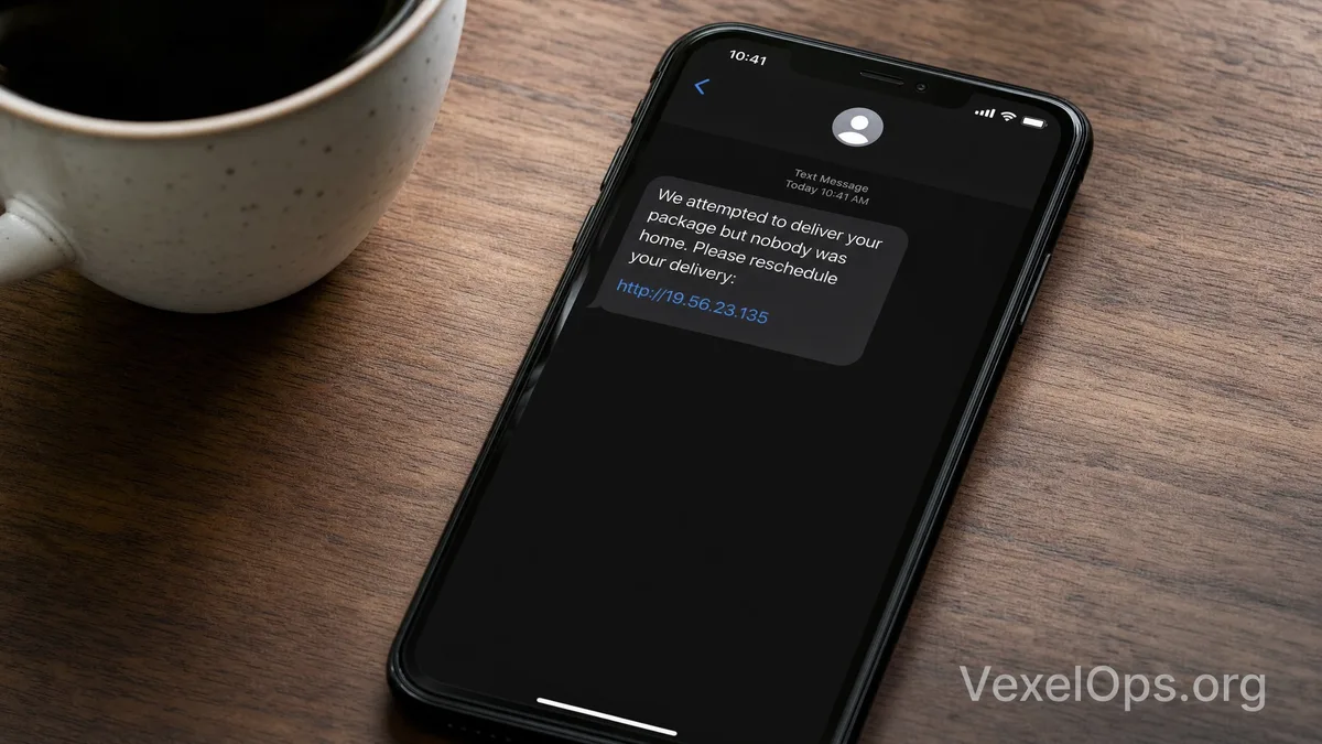 Illustration of fake package notifications and customs SMS scams, reminding users to be cautious of suspicious tracking links, payment pages, and the risk of credit card data