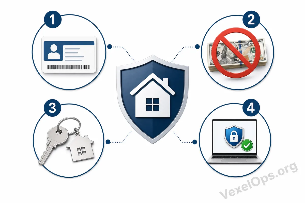Rental safety check flowchart showing key points on low-priced listings, address verification, landlord identity, lease documents, deposit payments, and personal data protection.