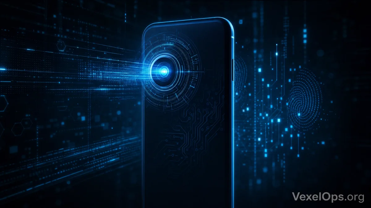 Illustration of mobile photo album and camera privacy security, reminding users to be cautious of app permissions, cloud accounts, and suspicious software risks.