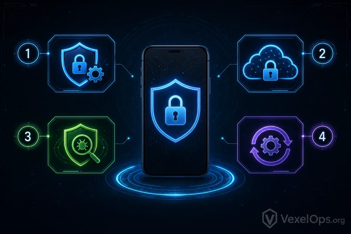 Diagram depicting risks related to phone albums and cameras, showing app permissions, cloud synchronization, suspicious device logins, and remote assistance tools that may pose