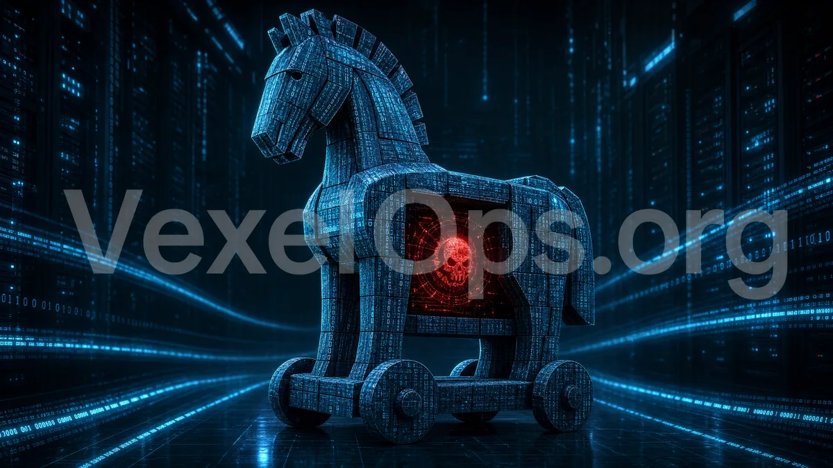 Illustration on cybersecurity risks of Trojan infiltrations on phones and computers, warning users about suspicious attachments, app permissions, remote control, and data leakage