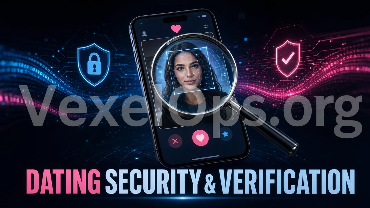 Illustration of identity authenticity and privacy protection on dating platforms, reminding users to verify suspicious accounts legally and avoid illegal tracking.