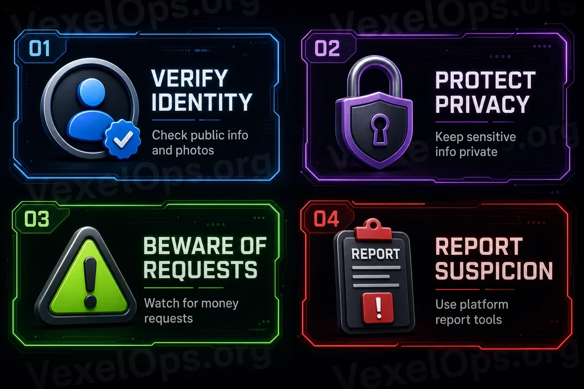 Flowchart for safety checks on suspicious dating platform accounts, illustrating photo verification, natural video confirmation, money-demand alerts, risks of private images, and