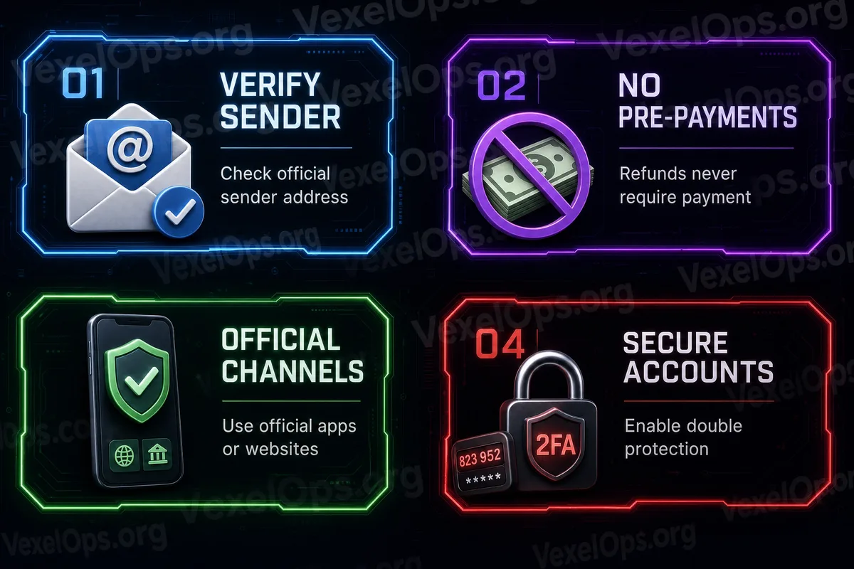 Safety check flowchart for fake refund scams, showing refund notifications, suspicious links, fake payment pages, verification code protection, and official App inquiry methods.