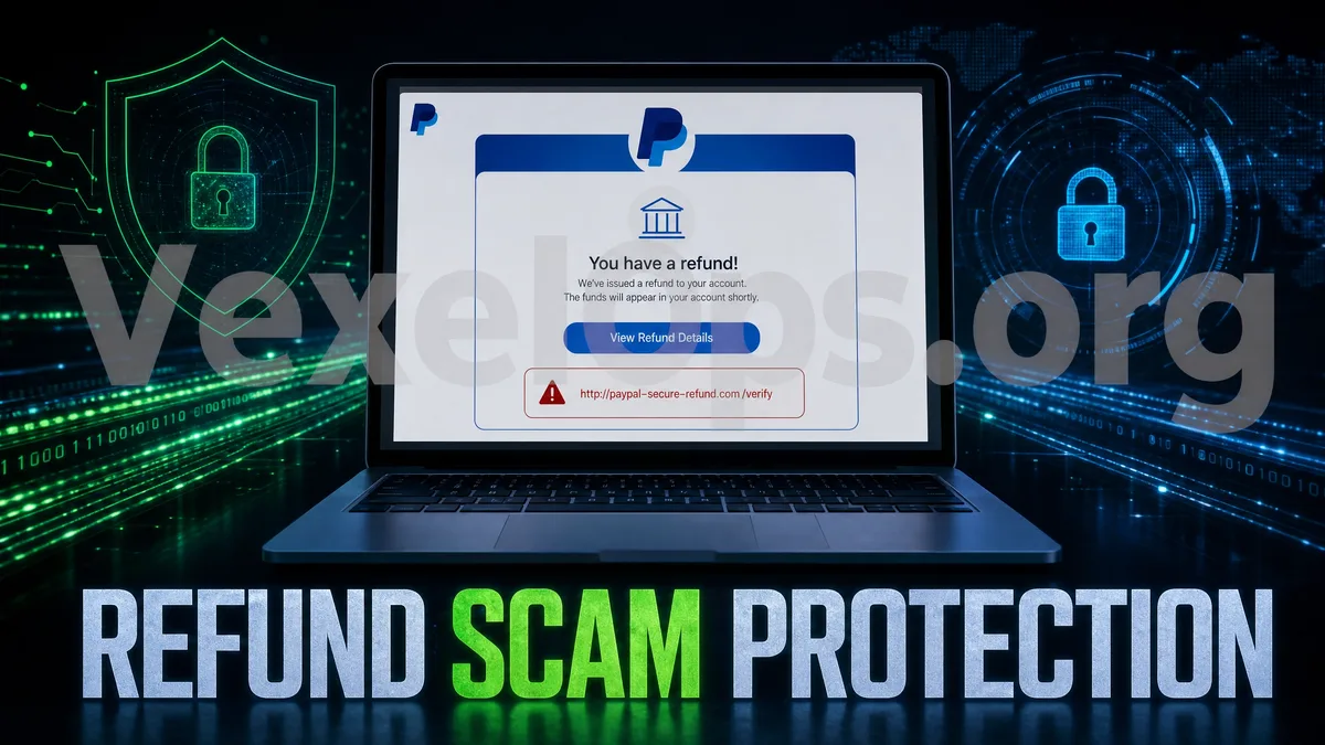 Illustration of fake refunds and fake customer service compensation scams, warning users about suspicious refund links, credit card information, and verification code risks.