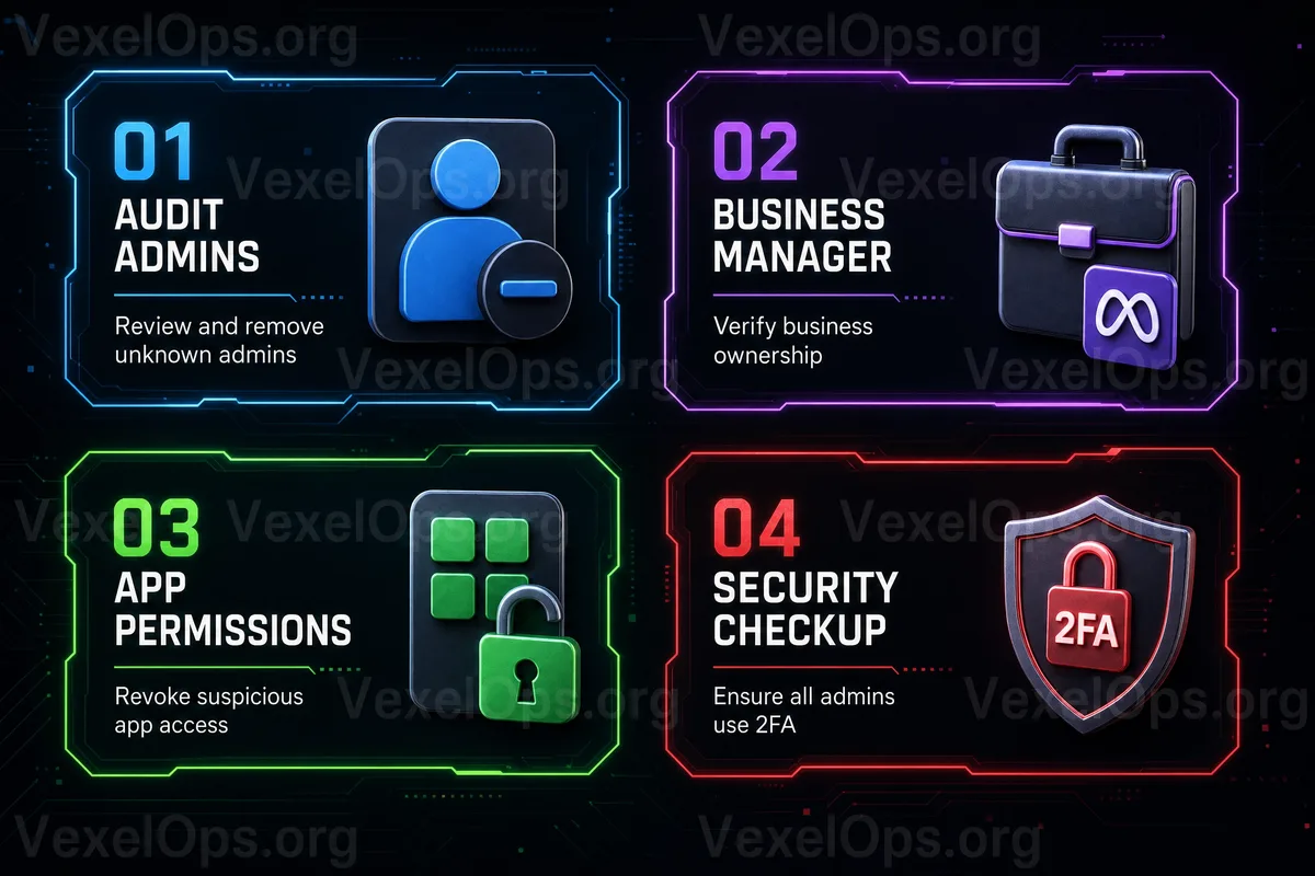 Meta business asset safety check flowchart, showcasing admin, partner rights, Instagram business account, ad account, and payment method checks.