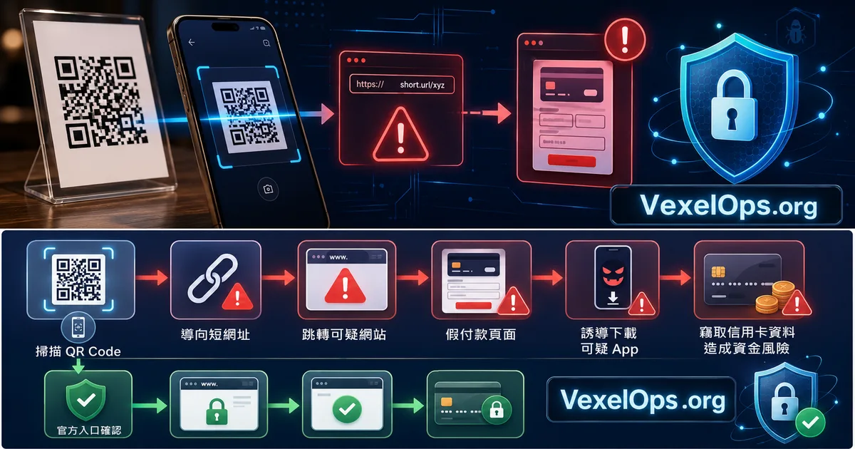 Illustration of malicious QR codes and fake payment page risks, reminding users to check URLs, redirect links, and payment data security after scanning.