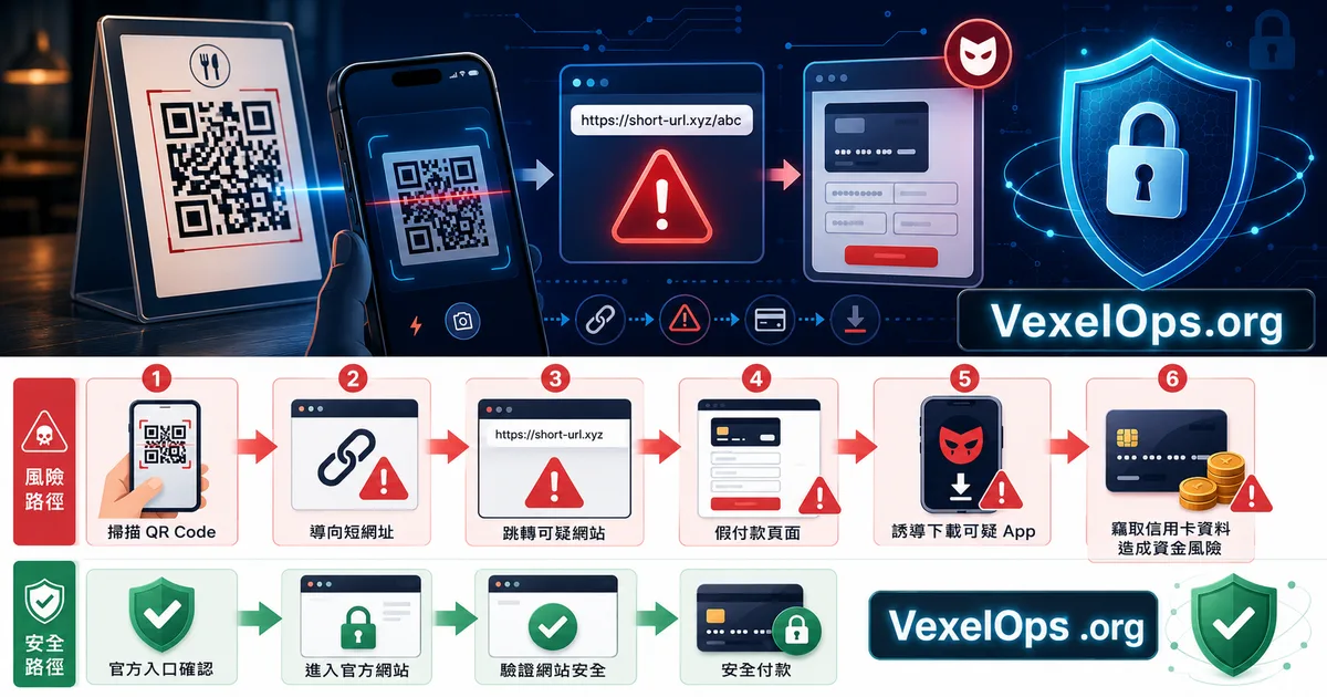Flowchart of QR Code risks, demonstrating scanning, short URL redirection, fake payment pages, suspicious app downloads, and official entry confirmation security processes.