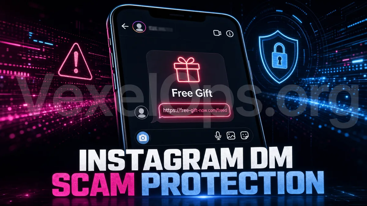 Risk illustration of Instagram direct messages concerning free gifts and phishing links, warning users to avoid clicking on unknown links and entering login information.
