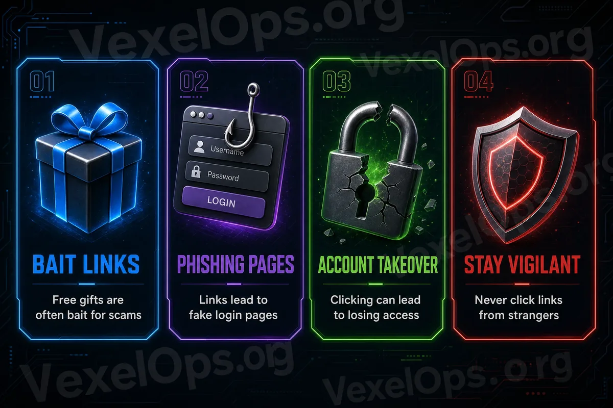 Flowchart of Instagram DM phishing showing free gift messages, fake login pages, and the risk path from password and verification code entry to account takeover.