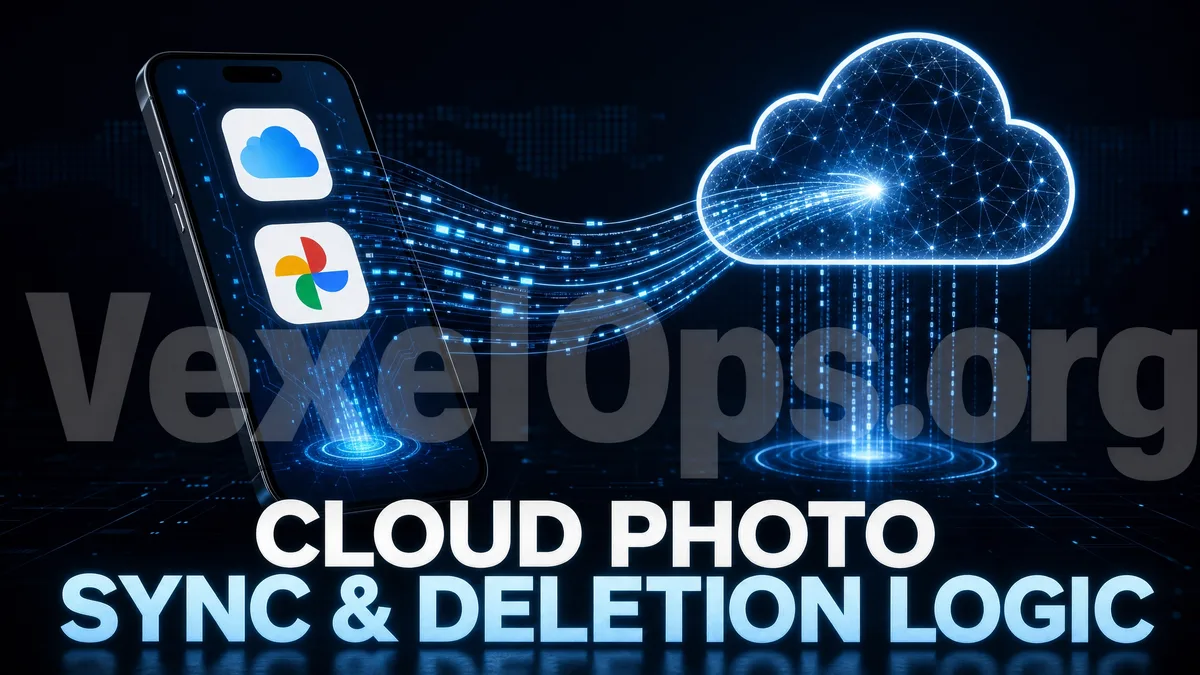 Diagram illustrating photo synchronization and deletion processes in iCloud and Google Photos, showcasing cloud backup, multi-device sync, and recovery mechanisms.