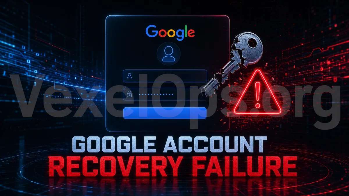 Diagram illustrating the Google account recovery failure process, showing the validation chain and risks between passwords and recovery entry points.