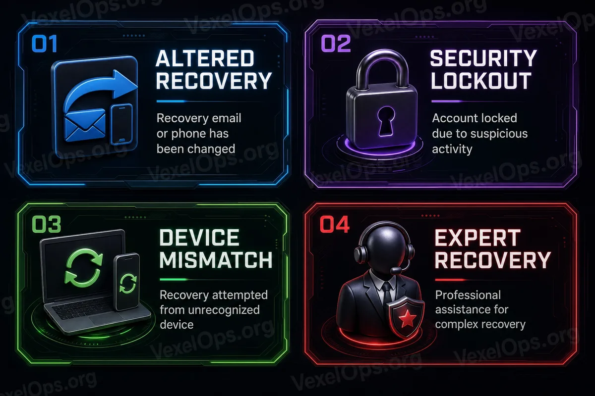 Diagram of the Google account recovery process, showcasing the validation pathways and failure reasons among password resets, recovery emails, phone verifications, and two-factor