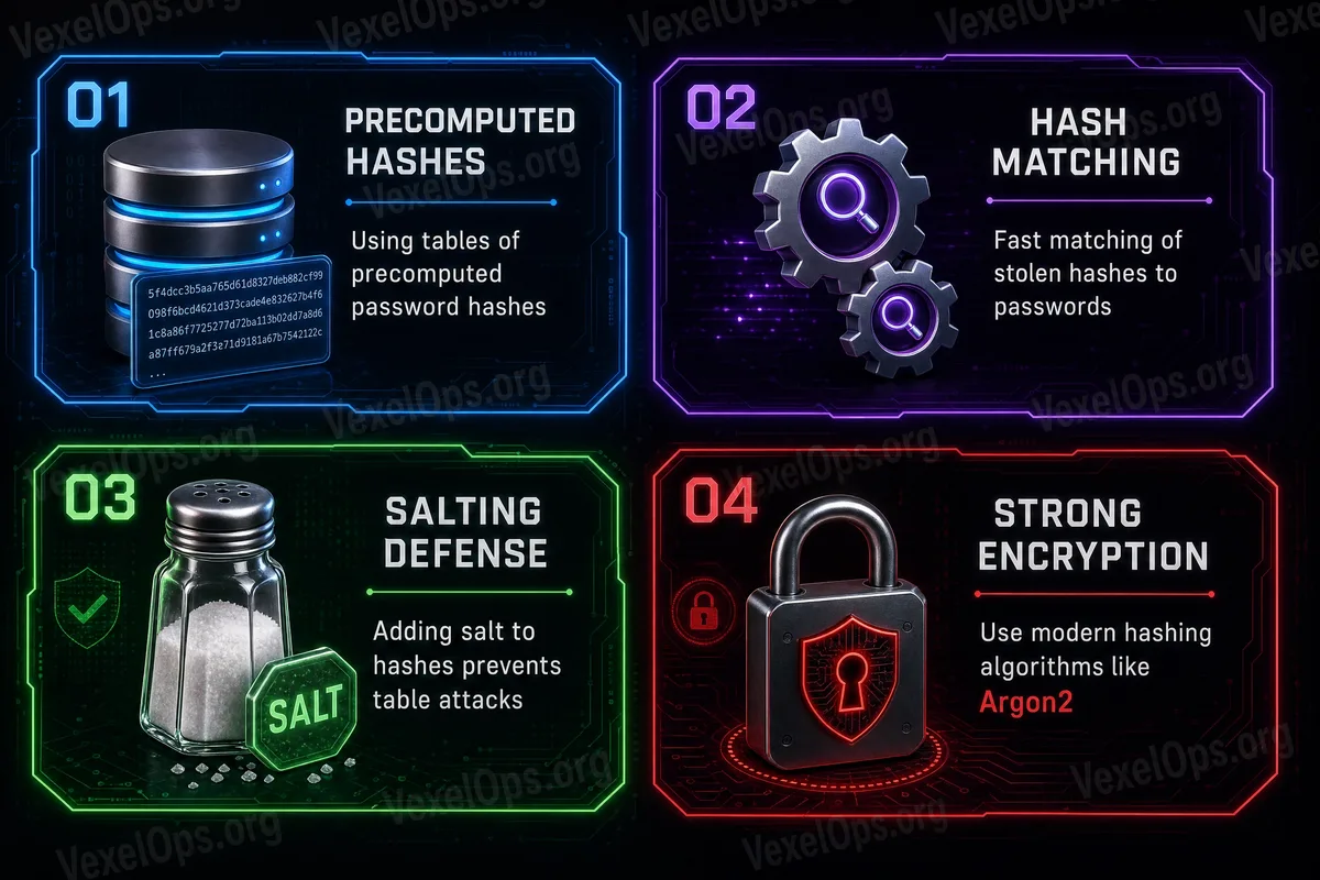 Diagram illustrating the difference between rainbow table attacks and salting mechanisms in cybersecurity