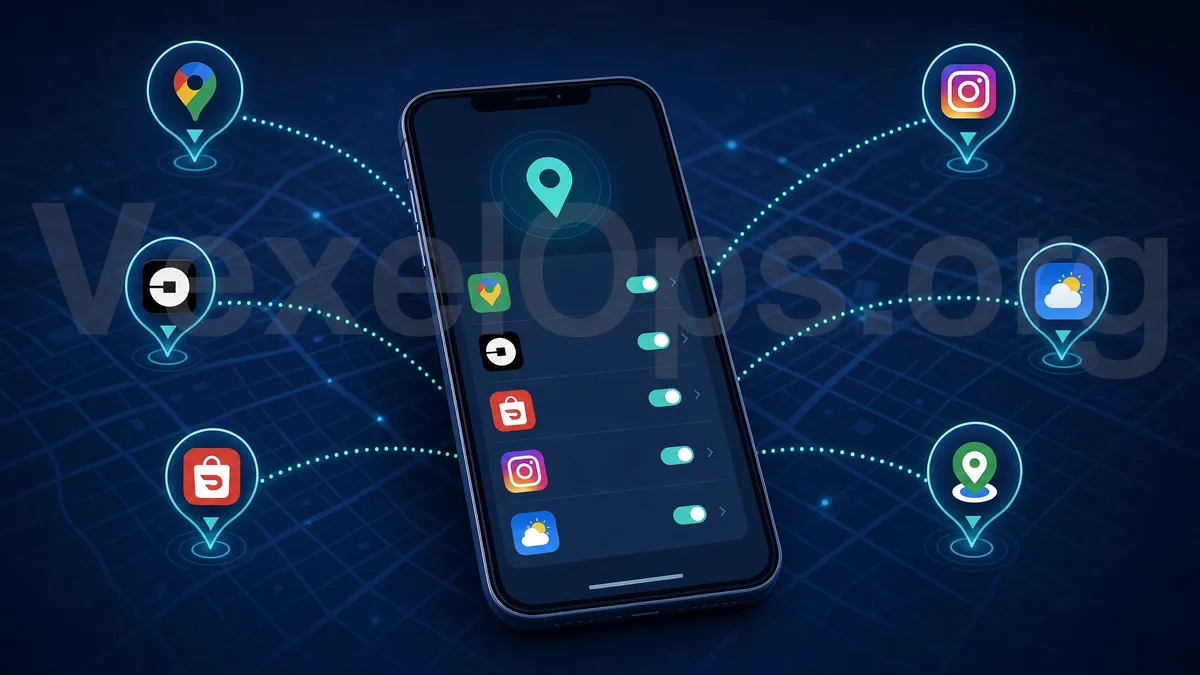 Concept illustration of mobile tracking showing multiple apps continuously accessing location permissions and privacy risks